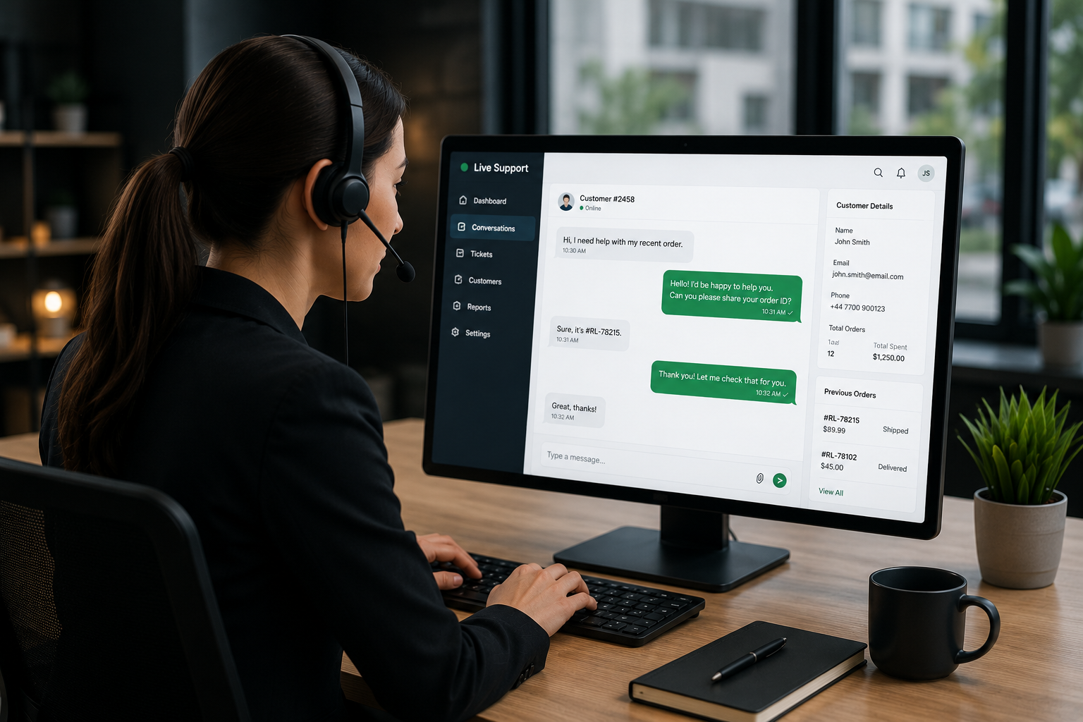 Live chat customer support agent assisting an online customer