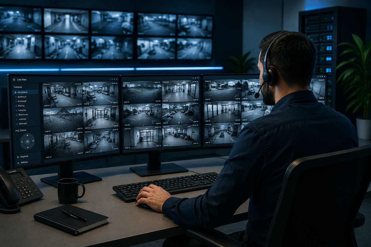 Remote CCTV monitoring operator viewing security cameras